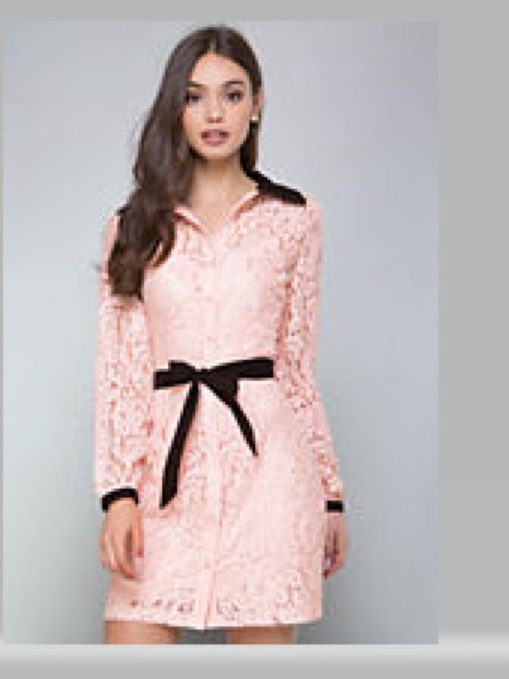 bebe Pale Pink Lace Long-Sleeve Dress with Black Belt NWT